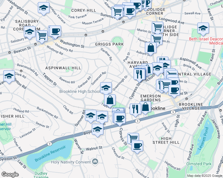 map of restaurants, bars, coffee shops, grocery stores, and more near 71 Greenough Street in Brookline