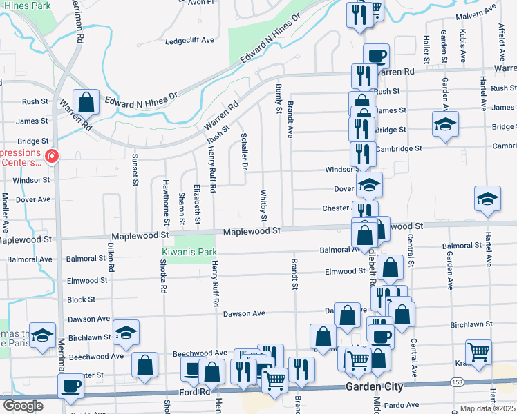map of restaurants, bars, coffee shops, grocery stores, and more near 6601 Whitby Street in Garden City