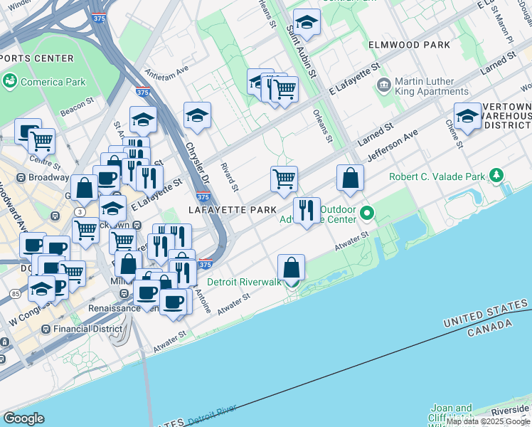 map of restaurants, bars, coffee shops, grocery stores, and more near in Detroit