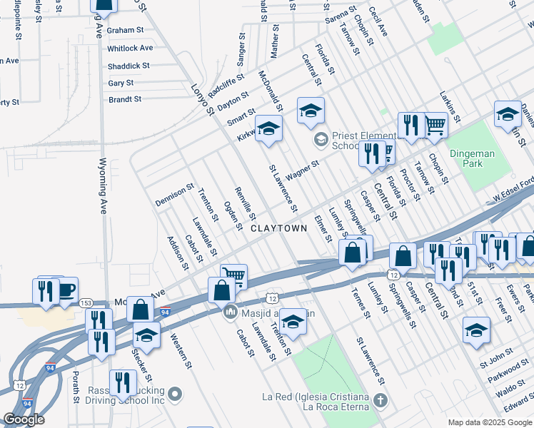 map of restaurants, bars, coffee shops, grocery stores, and more near 5651 Lonyo Street in Detroit