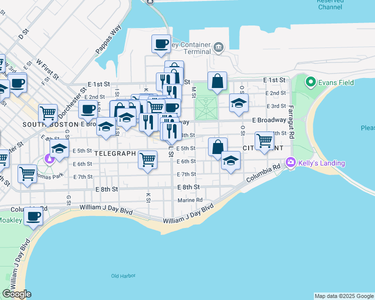 map of restaurants, bars, coffee shops, grocery stores, and more near 663 East 5th Street in Boston