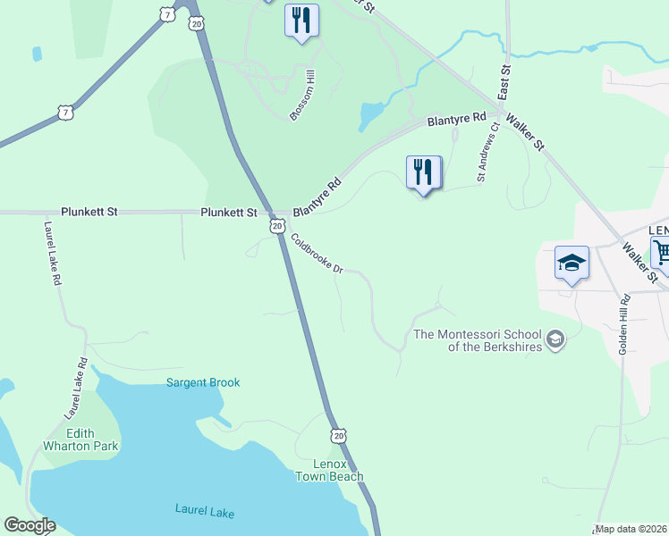map of restaurants, bars, coffee shops, grocery stores, and more near 27 Coldbroook Dr in Lenox