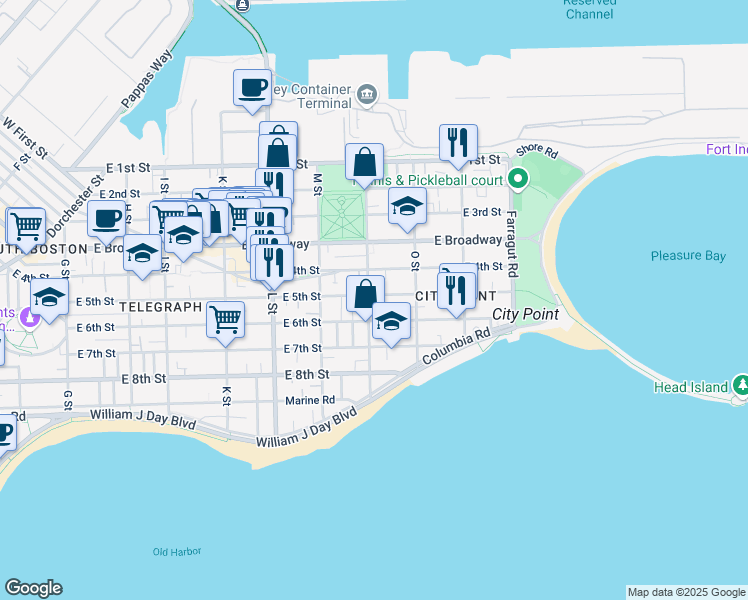 map of restaurants, bars, coffee shops, grocery stores, and more near 108 N Street in Boston