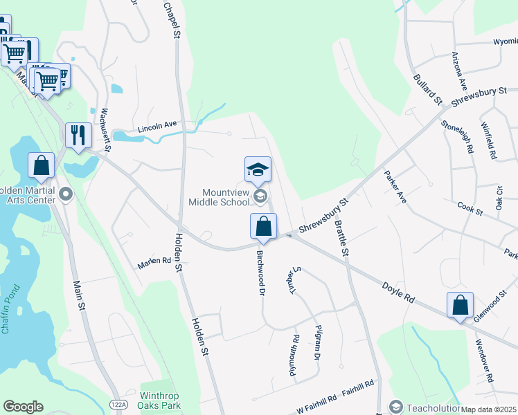 map of restaurants, bars, coffee shops, grocery stores, and more near 270 Shrewsbury Street in Holden