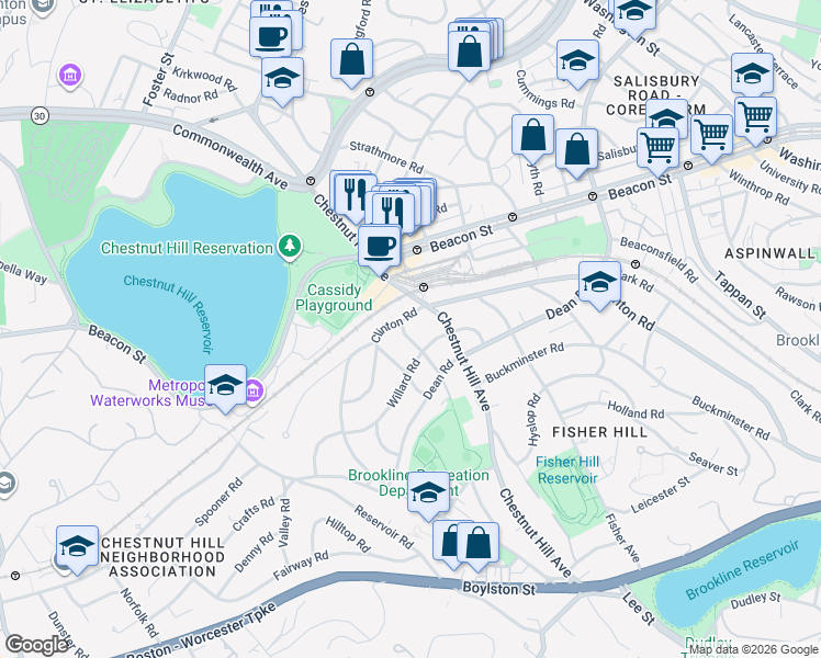 map of restaurants, bars, coffee shops, grocery stores, and more near 420 Chestnut Hill Avenue in Brookline