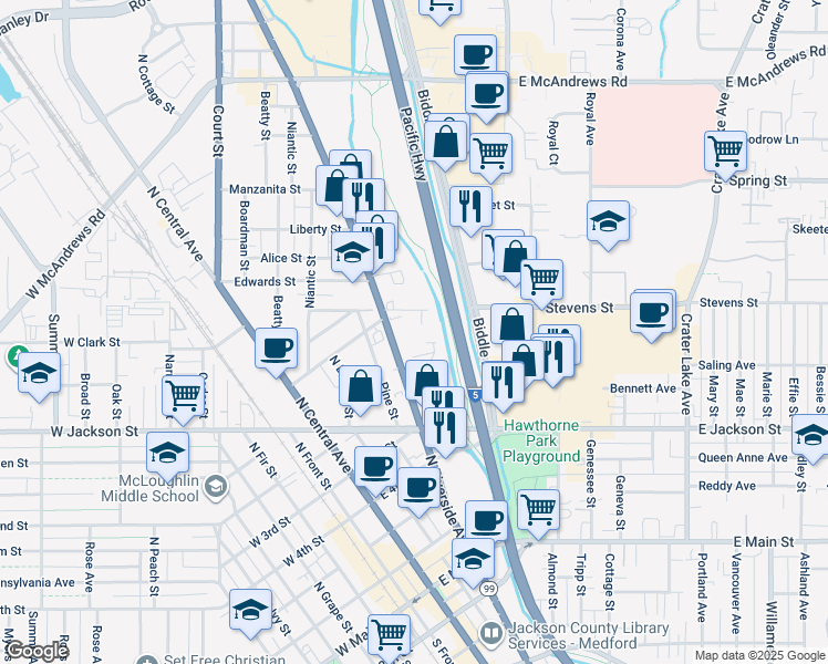 map of restaurants, bars, coffee shops, grocery stores, and more near Austin Street in Medford
