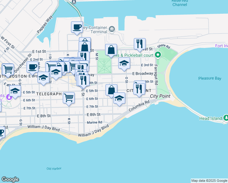 map of restaurants, bars, coffee shops, grocery stores, and more near 108 N Street in Boston