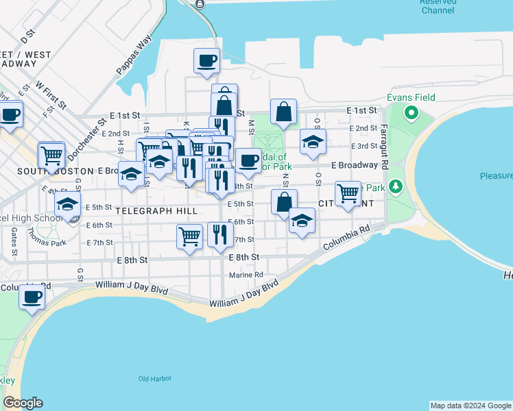 map of restaurants, bars, coffee shops, grocery stores, and more near 779 East 4th Street in Boston