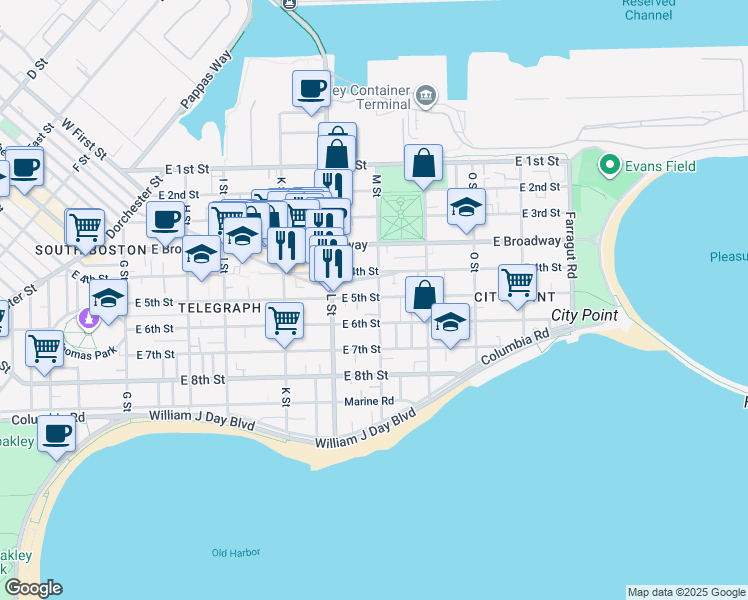 map of restaurants, bars, coffee shops, grocery stores, and more near 309 Emerson Street in Boston