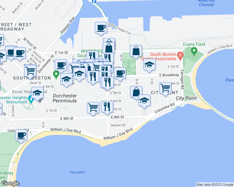 map of restaurants, bars, coffee shops, grocery stores, and more near 309 Emerson Street in Boston