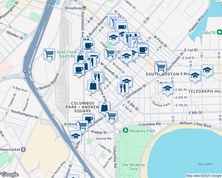 map of restaurants, bars, coffee shops, grocery stores, and more near 188 E Street in Boston