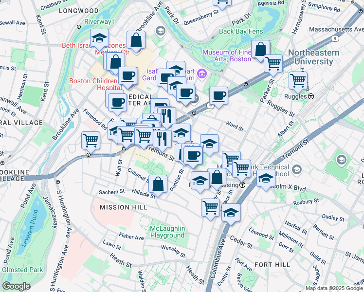 map of restaurants, bars, coffee shops, grocery stores, and more near 31 Worthington Street in Boston