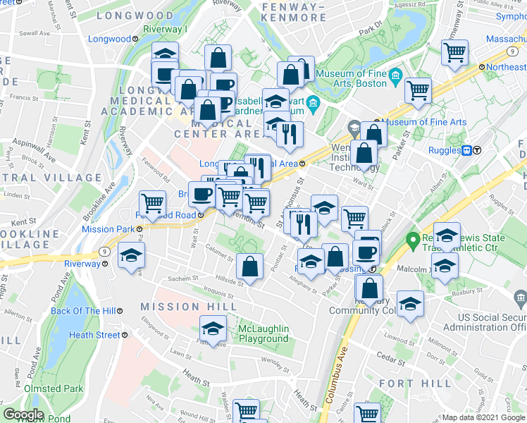 map of restaurants, bars, coffee shops, grocery stores, and more near 31 Worthington Street in Boston