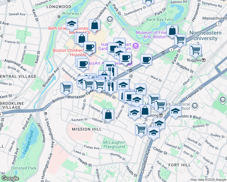 map of restaurants, bars, coffee shops, grocery stores, and more near 31 Worthington Street in Boston