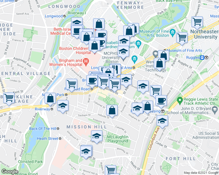 map of restaurants, bars, coffee shops, grocery stores, and more near in Boston