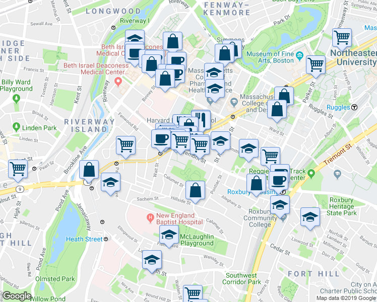map of restaurants, bars, coffee shops, grocery stores, and more near in Boston