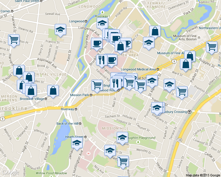 map of restaurants, bars, coffee shops, grocery stores, and more near 44 Fenwood Road in Boston