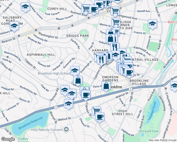 map of restaurants, bars, coffee shops, grocery stores, and more near 34 Greenough Street in Brookline