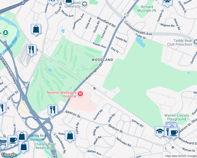 map of restaurants, bars, coffee shops, grocery stores, and more near 151 Stanton Avenue in Newton