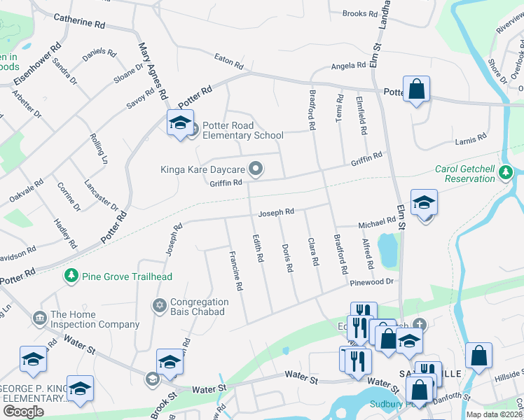 map of restaurants, bars, coffee shops, grocery stores, and more near 35 Edith Road in Framingham