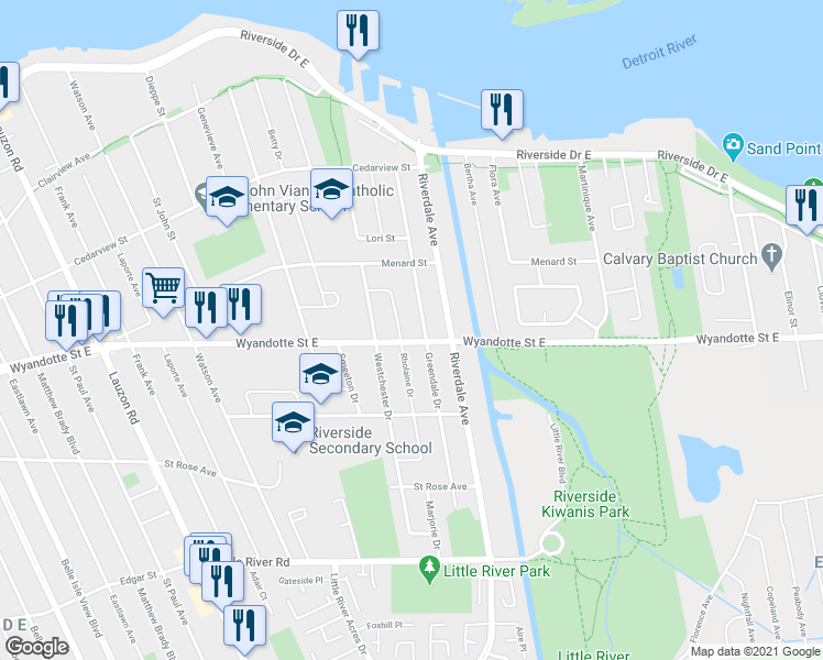 map of restaurants, bars, coffee shops, grocery stores, and more near 560 Rholaine Drive in Windsor