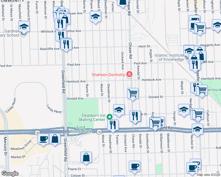map of restaurants, bars, coffee shops, grocery stores, and more near 6146 Ternes in Dearborn