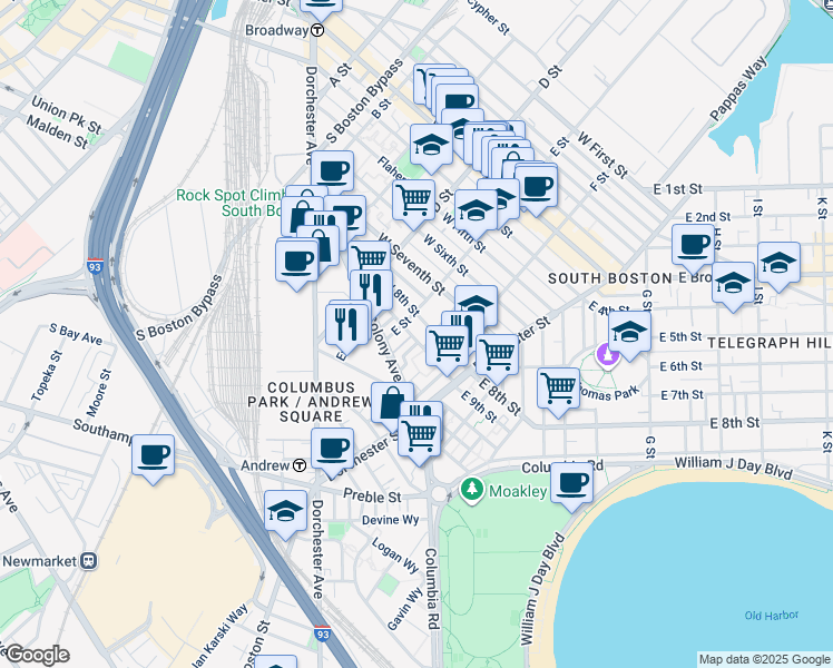 map of restaurants, bars, coffee shops, grocery stores, and more near 188 E Street in Boston