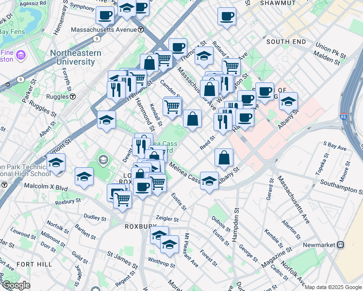 map of restaurants, bars, coffee shops, grocery stores, and more near 1960 Washington Street in Boston