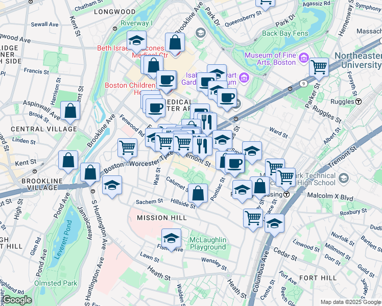map of restaurants, bars, coffee shops, grocery stores, and more near in Boston