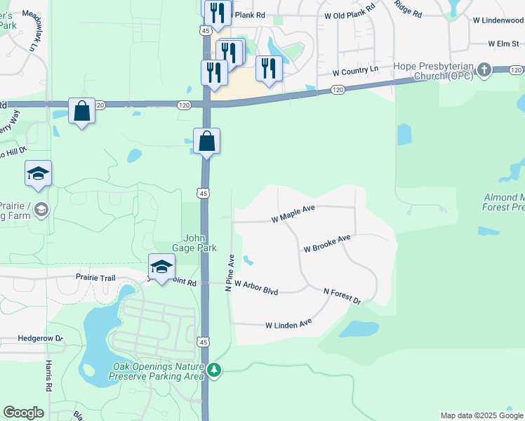 map of restaurants, bars, coffee shops, grocery stores, and more near 33010 North Forest Drive in Grayslake