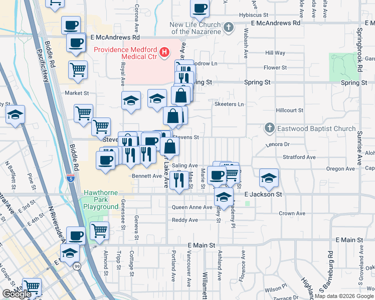 map of restaurants, bars, coffee shops, grocery stores, and more near 541 Mae Street in Medford