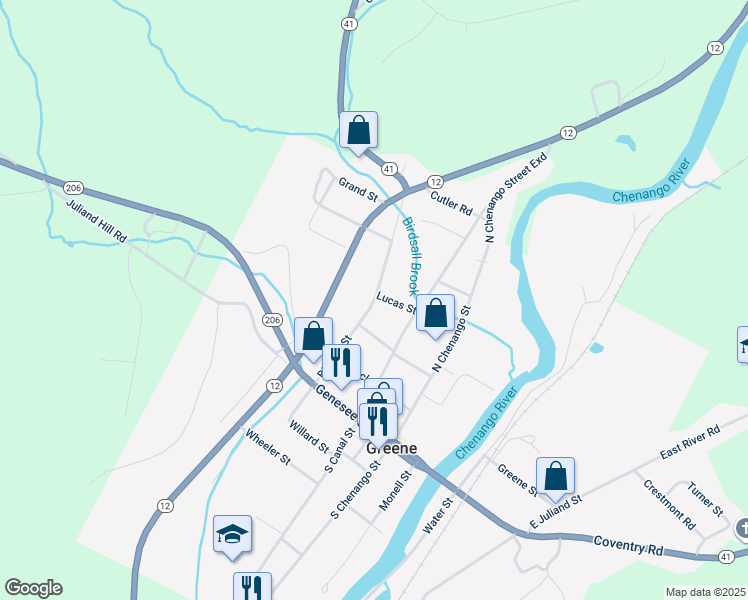 map of restaurants, bars, coffee shops, grocery stores, and more near 29 Birdsall Street in Greene