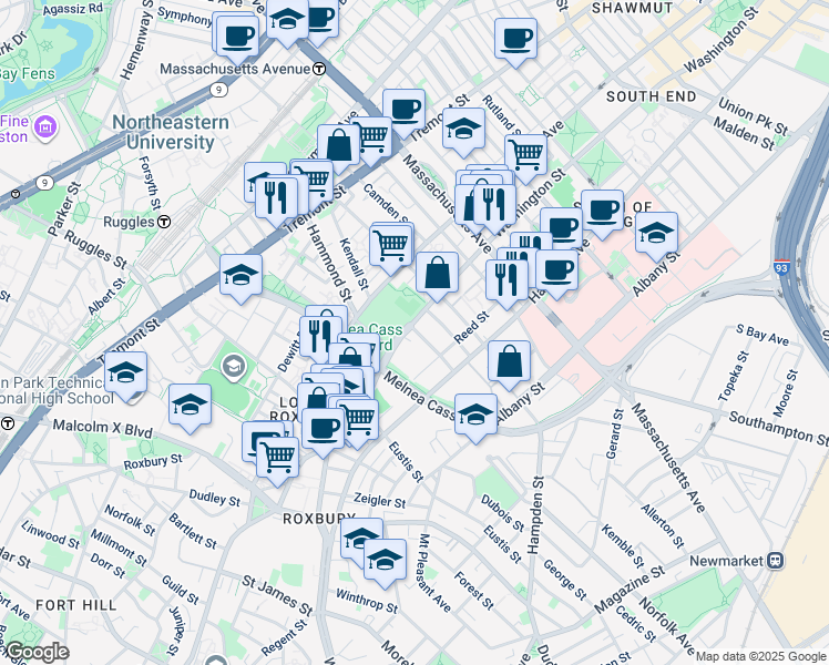 map of restaurants, bars, coffee shops, grocery stores, and more near 1960 Washington Street in Boston