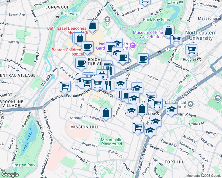 map of restaurants, bars, coffee shops, grocery stores, and more near 9 Worthington Street in Boston