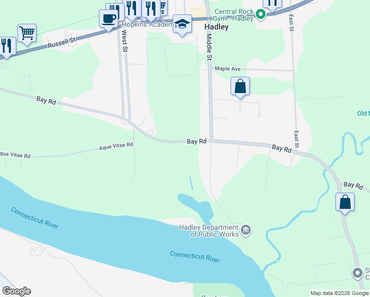 map of restaurants, bars, coffee shops, grocery stores, and more near 56-92 Bay Rd in Hadley