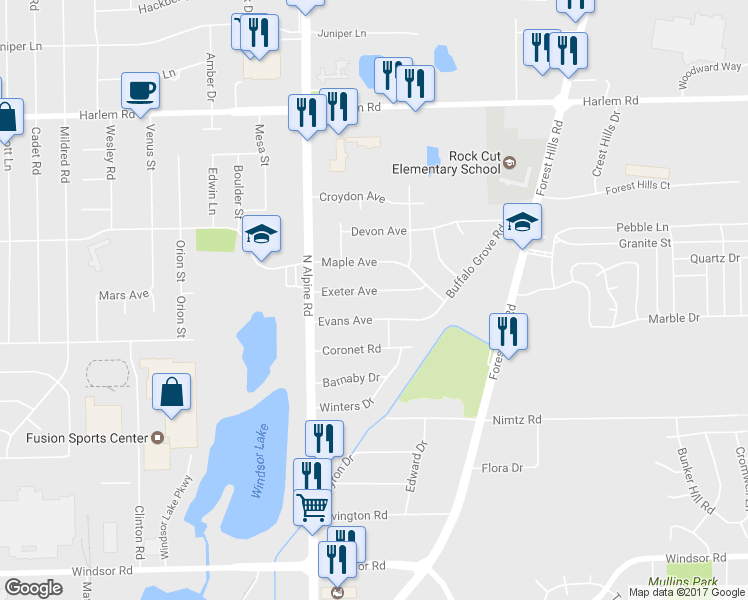 map of restaurants, bars, coffee shops, grocery stores, and more near 2115 Exeter Avenue in Loves Park
