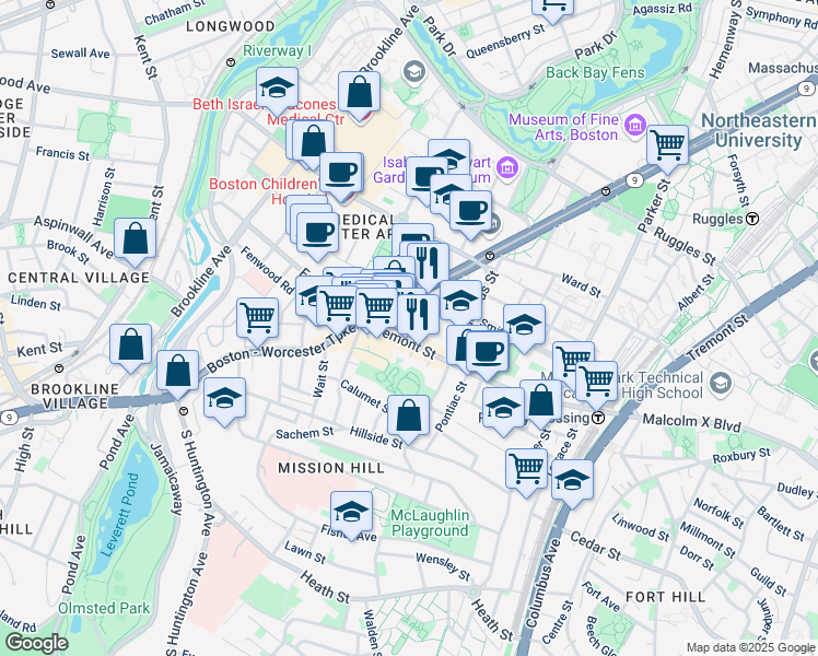map of restaurants, bars, coffee shops, grocery stores, and more near 1 Wigglesworth Street in Boston