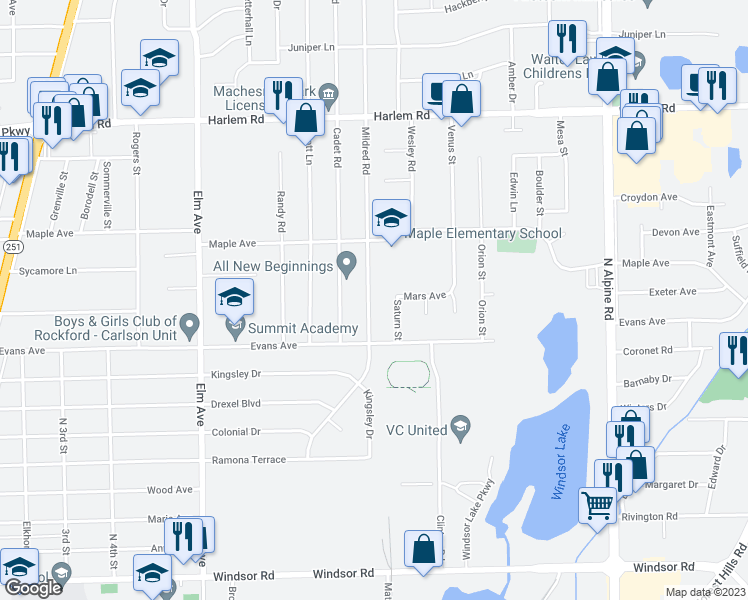 map of restaurants, bars, coffee shops, grocery stores, and more near 7431 Mildred Road in Machesney Park