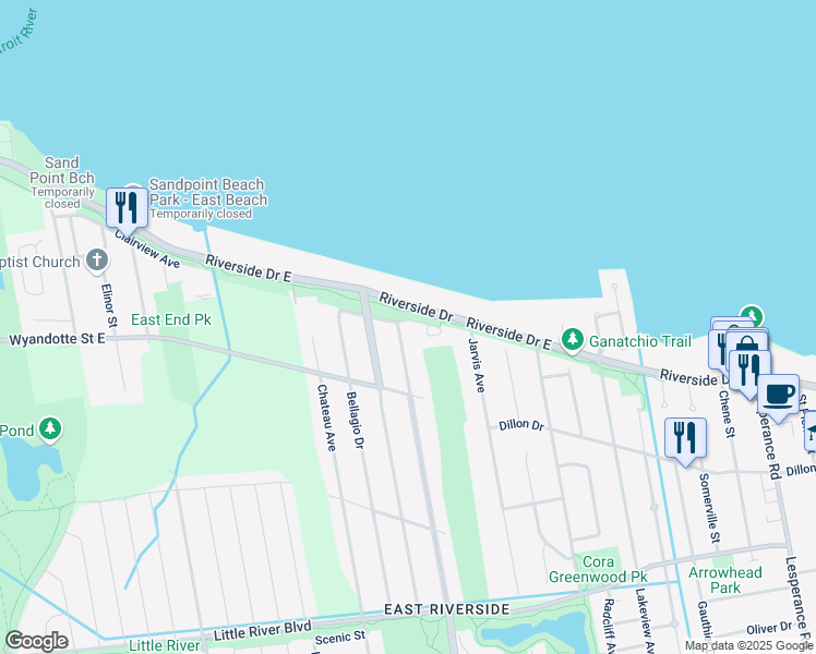 map of restaurants, bars, coffee shops, grocery stores, and more near 11474 Riverside Drive East in Windsor