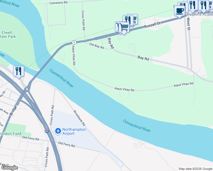 map of restaurants, bars, coffee shops, grocery stores, and more near 63 Aqua Vitae Road in Hadley