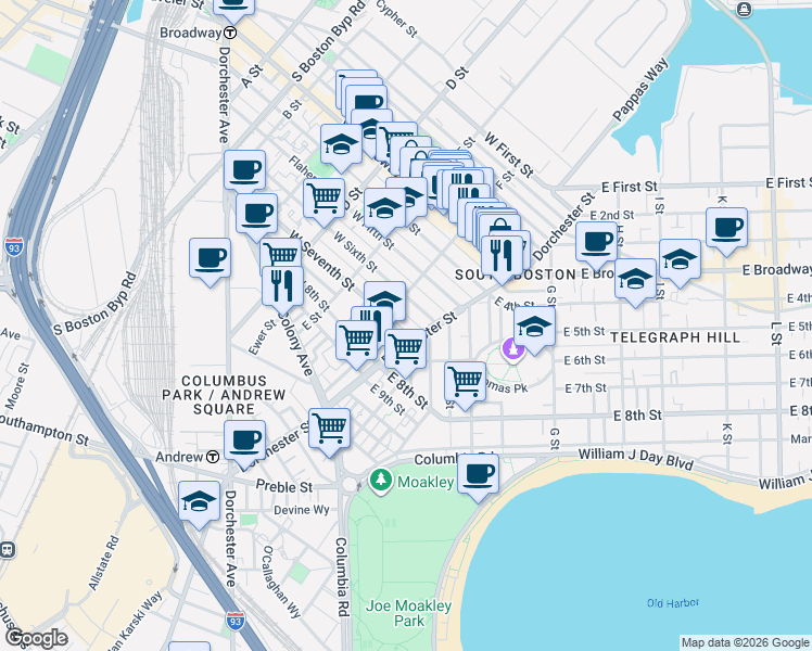 map of restaurants, bars, coffee shops, grocery stores, and more near 52 F Street in Boston