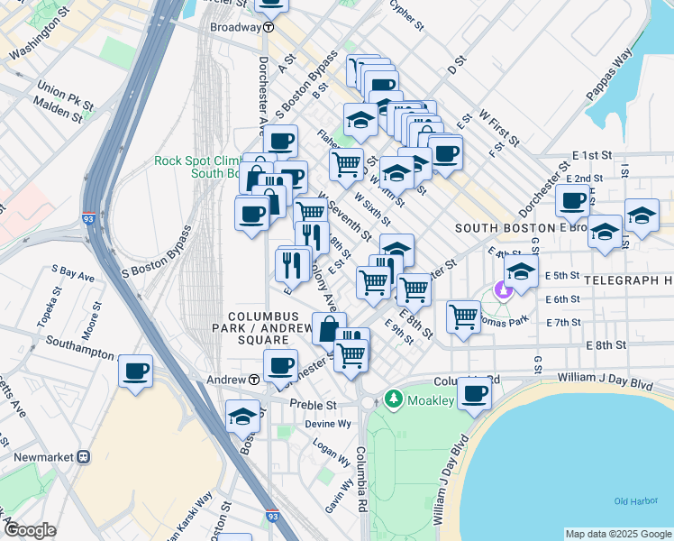 map of restaurants, bars, coffee shops, grocery stores, and more near 188 E Street in Boston