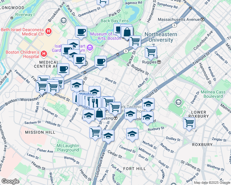 map of restaurants, bars, coffee shops, grocery stores, and more near 621 Parker Street in Boston