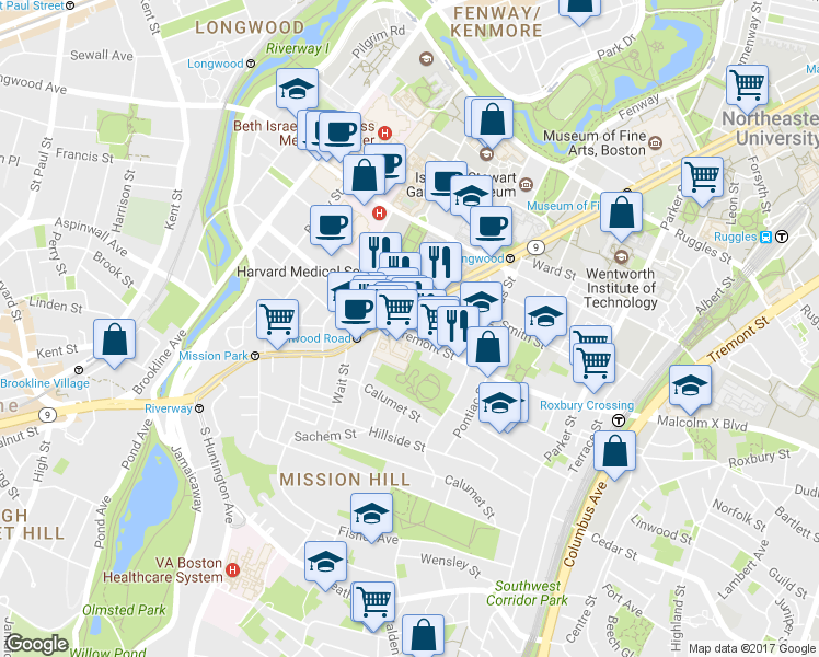 map of restaurants, bars, coffee shops, grocery stores, and more near in Boston