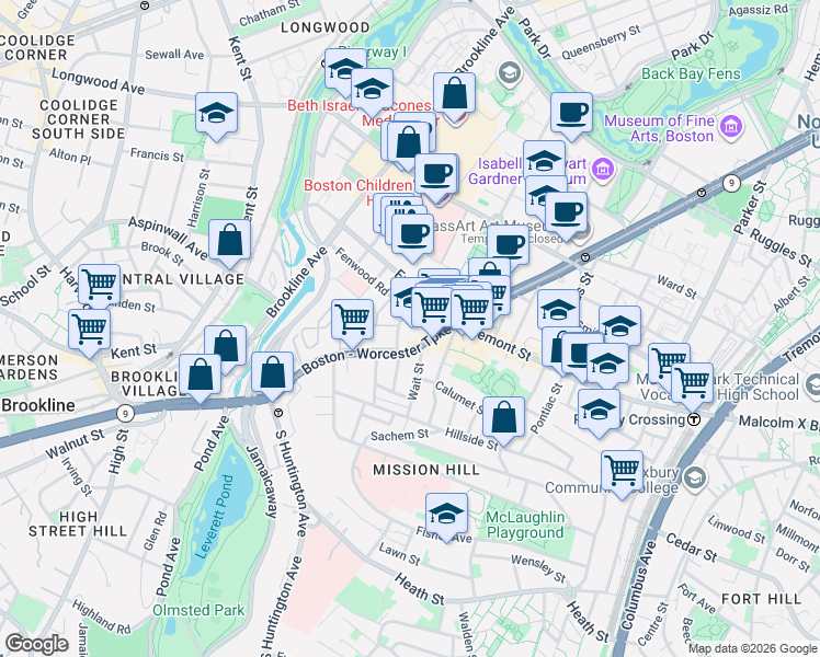 map of restaurants, bars, coffee shops, grocery stores, and more near 735 Huntington Avenue in Boston