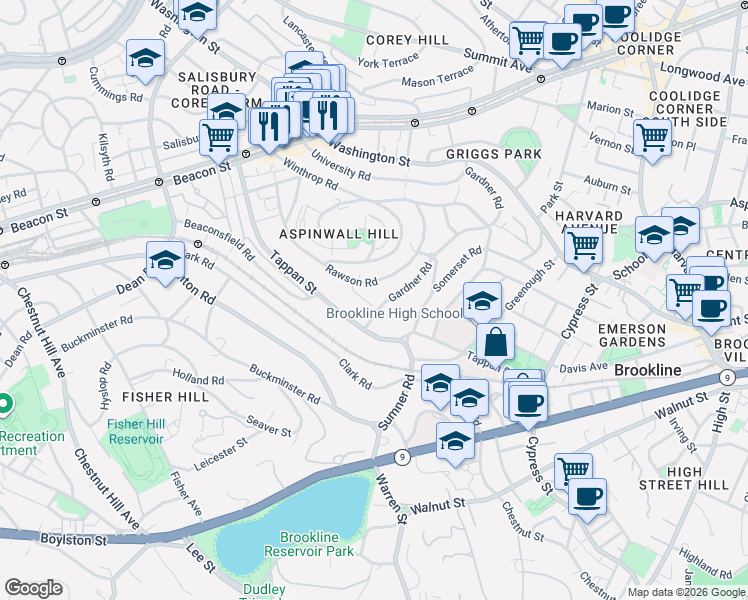 map of restaurants, bars, coffee shops, grocery stores, and more near 98 Rawson Road in Brookline