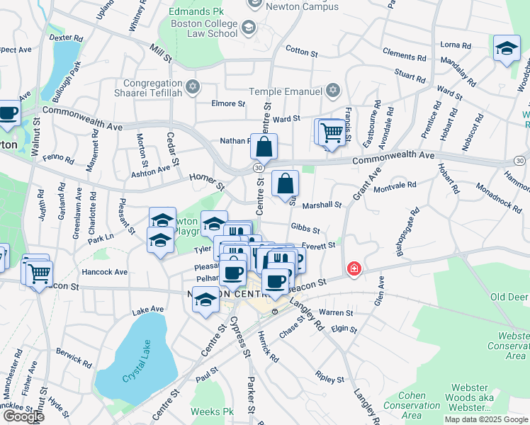 map of restaurants, bars, coffee shops, grocery stores, and more near 1106 Centre Street in Newton