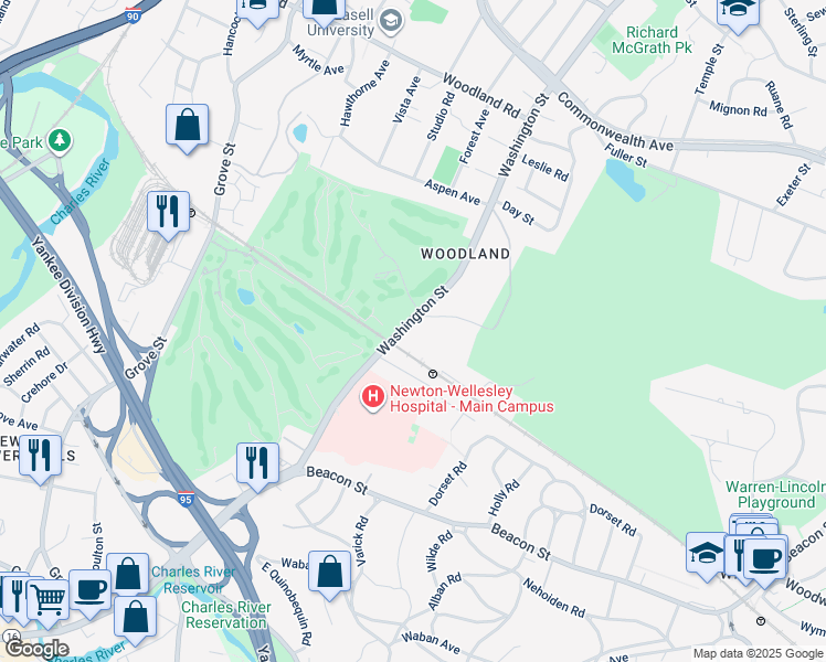 map of restaurants, bars, coffee shops, grocery stores, and more near 1930 Washington Street in Newton