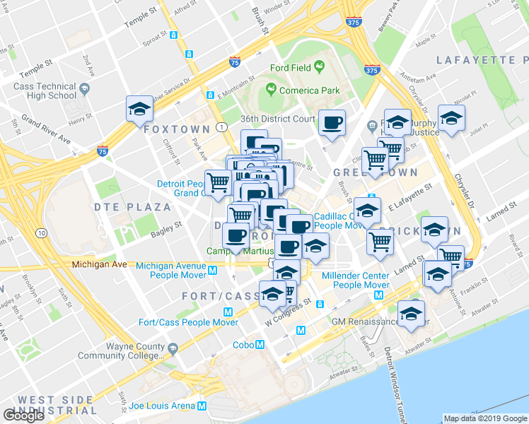 map of restaurants, bars, coffee shops, grocery stores, and more near 1448 Woodward Avenue in Detroit