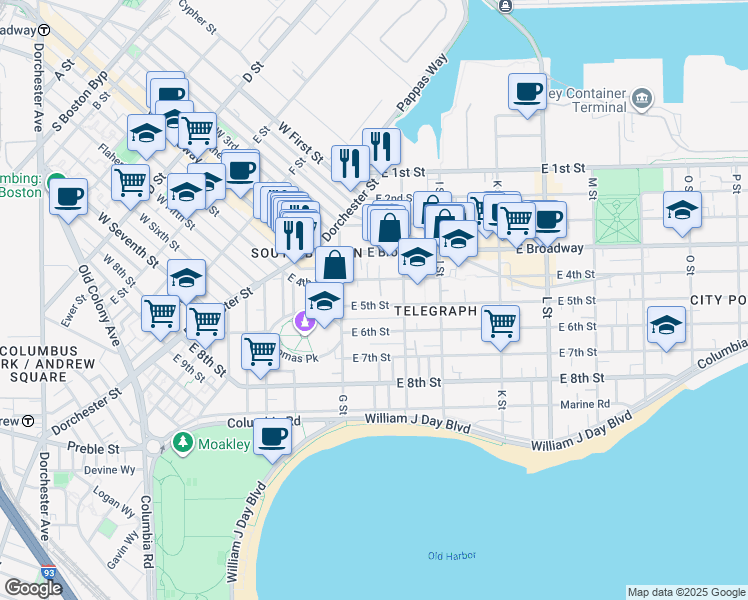 map of restaurants, bars, coffee shops, grocery stores, and more near 543 East 4th Street in Boston